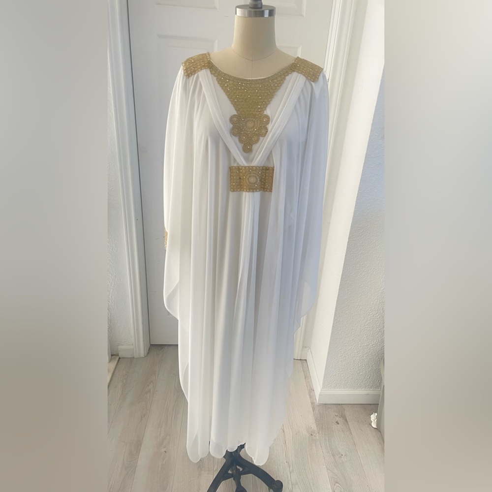 Elegant White and Gold chiffon Kaftan Dress